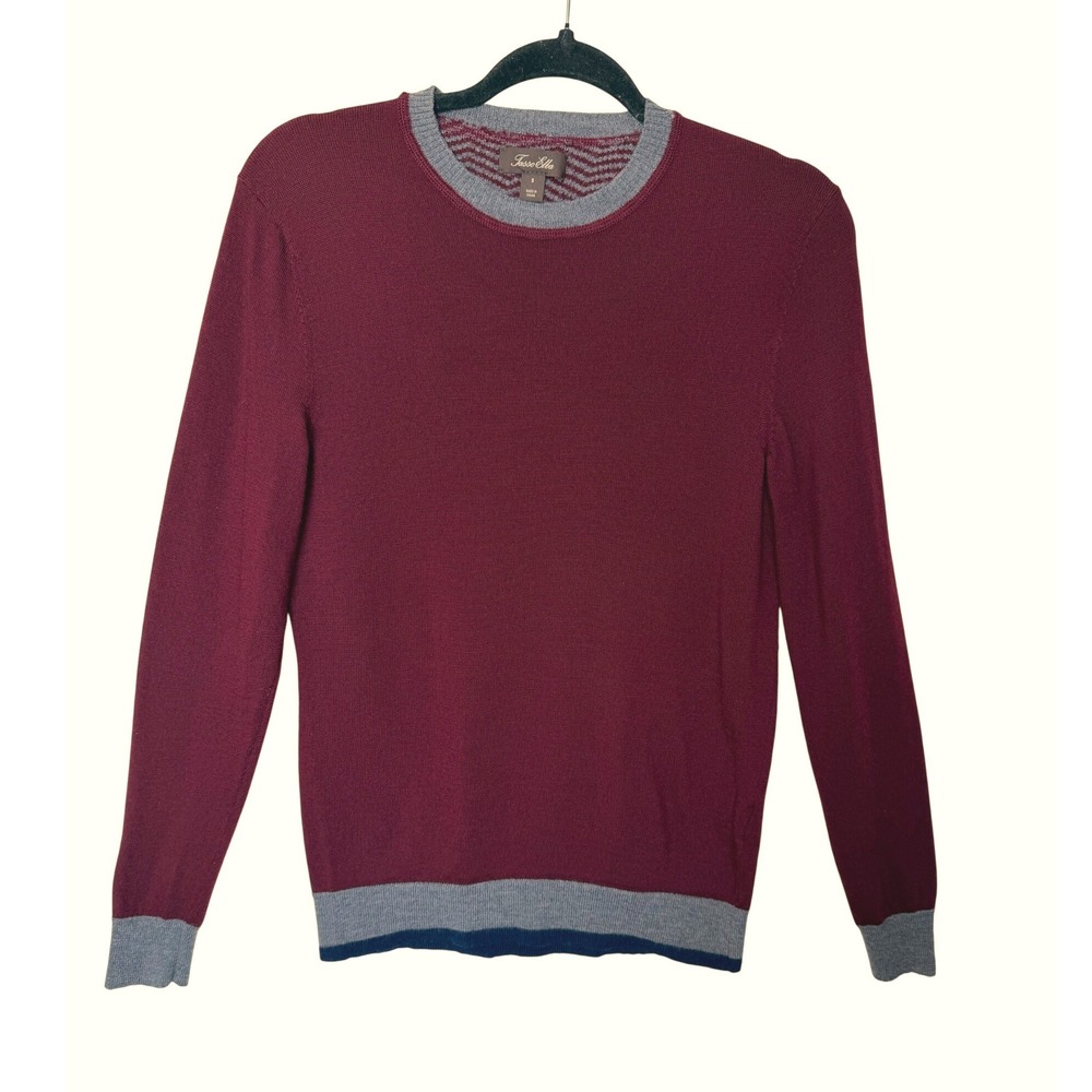Tasso Elba Burgundy Grey Merino Wool Blend Crewneck Sweater Small‎ Pullover